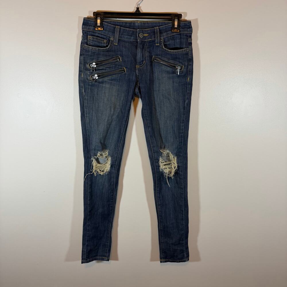 Carmar Dark Wash Blue Denim Distressed Knee Low Rise Skinny Jeans Womens 25 Y2K